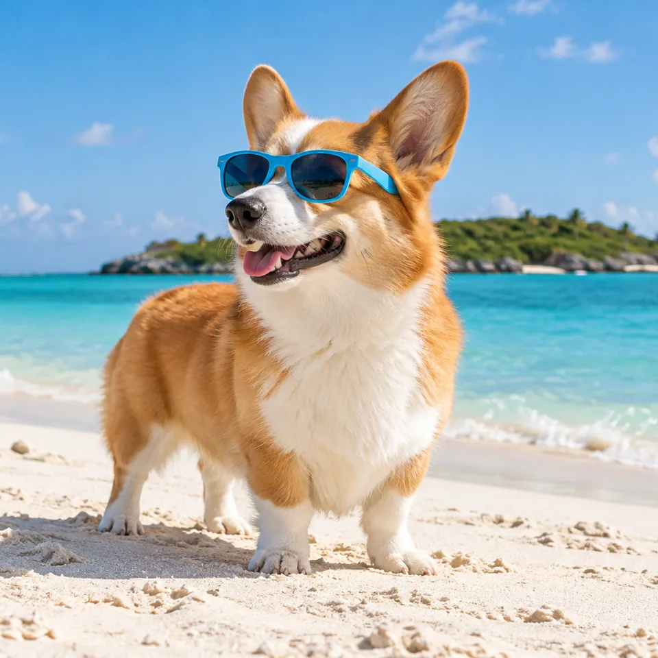 A corgi in blue sunglasses enjoying the white sand and turquoise sea