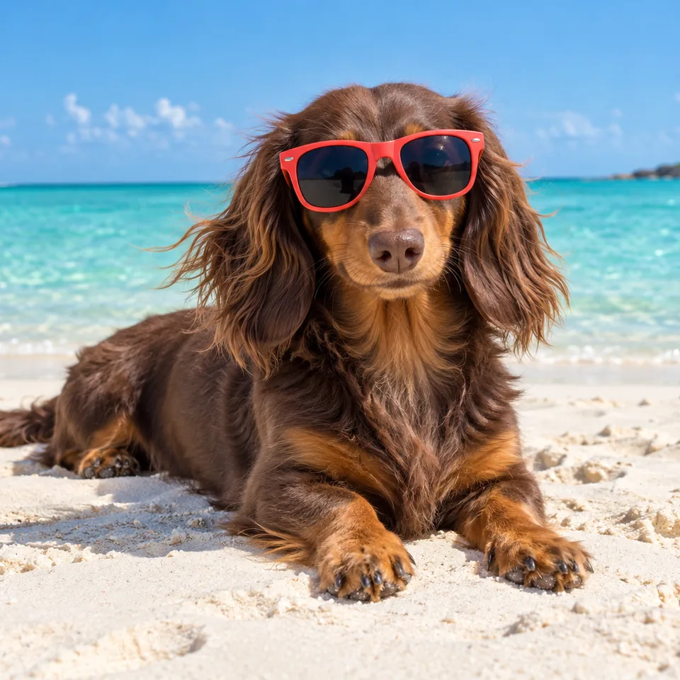 A long-haired dachshund in coral sunglasses relaxing on a Bahamas beach