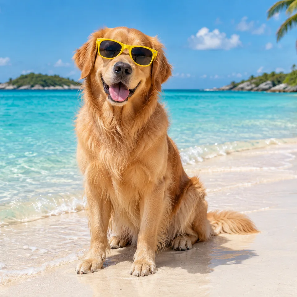 A golden retriever in bright yellow sunglasses on a turquoise Bahamas beach